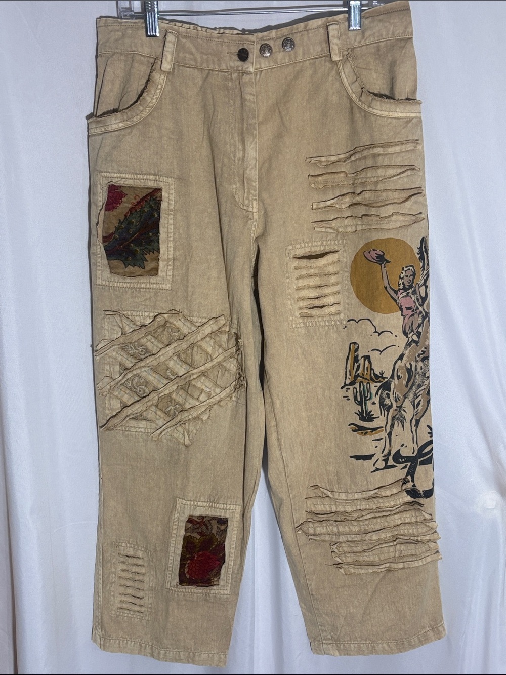 NWT Paper Lace Cowgirl Distressed Khaki Patchwork Pants - Size M